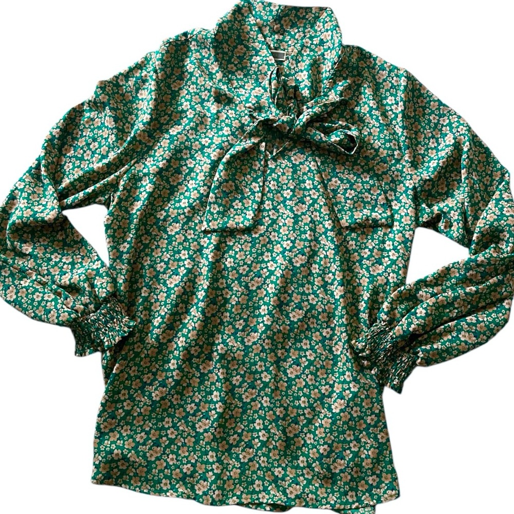 Anthropologie Green Floral Bow Tie Blouse